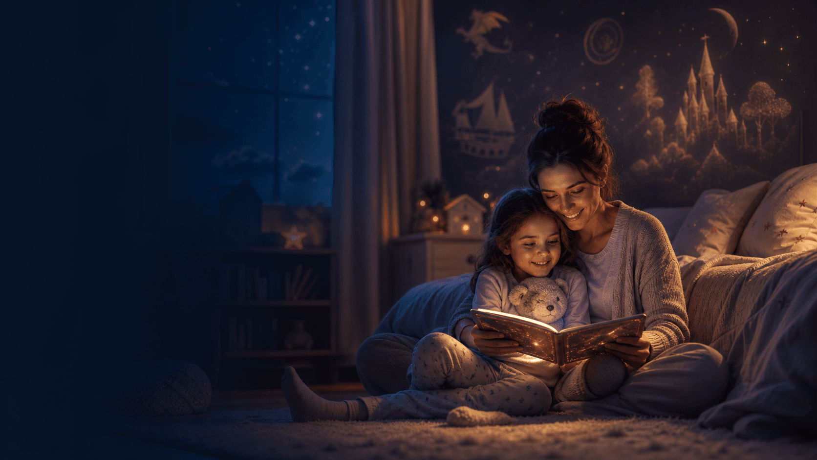 A parent and child sharing a calm bedtime story in a softly lit bedroom